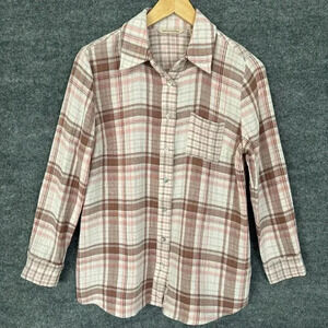 Soft Surroundings Shirt Womens PS Pink Plaid Gauze Lagenlook Breezy Travel Top